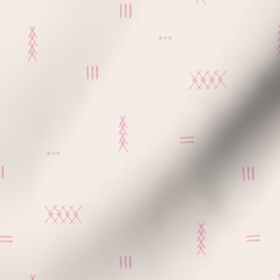 Abstract kelim symbols Arabic textile design ethnic plaid with stitched strokes stripes geometric arrows pink on ivory sand
