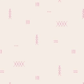 Abstract kelim symbols Arabic textile design ethnic plaid with stitched strokes stripes geometric arrows pink on ivory sand