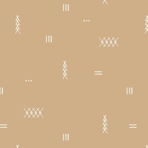 Abstract kelim symbols Arabic textile design ethnic plaid with stitched strokes stripes geometric arrows white on camel caramel cinnamon