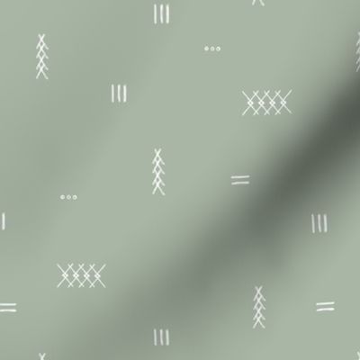 Abstract kelim symbols Arabic textile design ethnic plaid with stitched strokes stripes geometric arrows white on sage green 