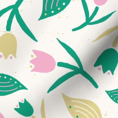 Tulips & Leaves | TL4 | Large Scale | Light Cream, Spring Green, Cotton Candy Pink, Pale Dusty Yellow