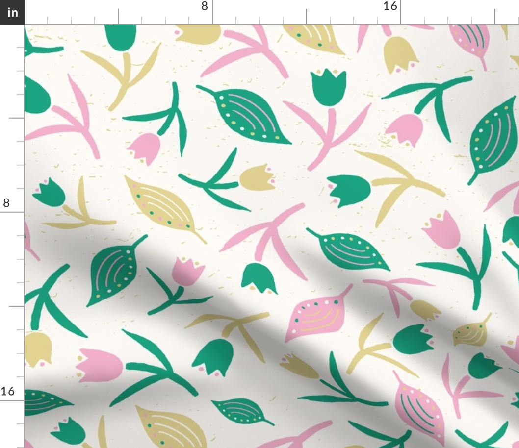 Tulips & Leaves | TL4 | Large Scale | Light Cream, Spring Green, Cotton Candy Pink, Pale Dusty Yellow