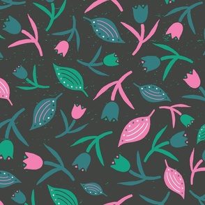 Tulips & Leaves | TL5 | Large Scale | Charcoal Black, Bubblegum Pink, Spring Green, Teal