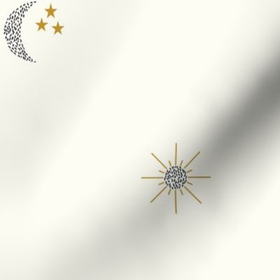 Boho Celestial Sun Moon and Stars in Gold and Graphite on a natural ivory background