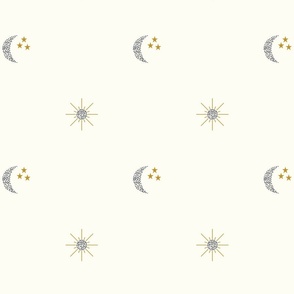 Boho Celestial Sun Moon and Stars in Gold and Graphite on a natural ivory background