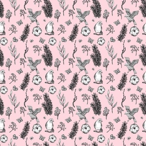 Monochrome birds and forest plants on pink