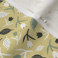 Tulips & Leaves | TL6 | Small Scale | Pale Dusty Yellow, Light Cream, Sage Green, Charcoal Black