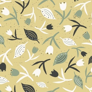 Tulips & Leaves | TL6 | Large Scale | Pale Dusty Yellow, Light Cream, Sage Green, Charcoal Black