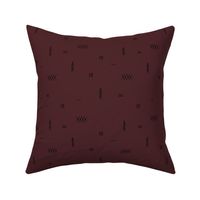 Abstract kelim symbols Arabic textile design ethnic plaid with stitched strokes stripes geometric arrows black on burgundy red wine winter