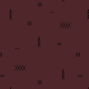 Abstract kelim symbols Arabic textile design ethnic plaid with stitched strokes stripes geometric arrows black on burgundy red wine winter