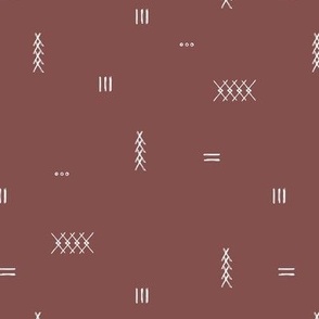 Abstract kelim symbols Arabic textile design ethnic plaid with stitched strokes stripes geometric arrows white on vintage red stone