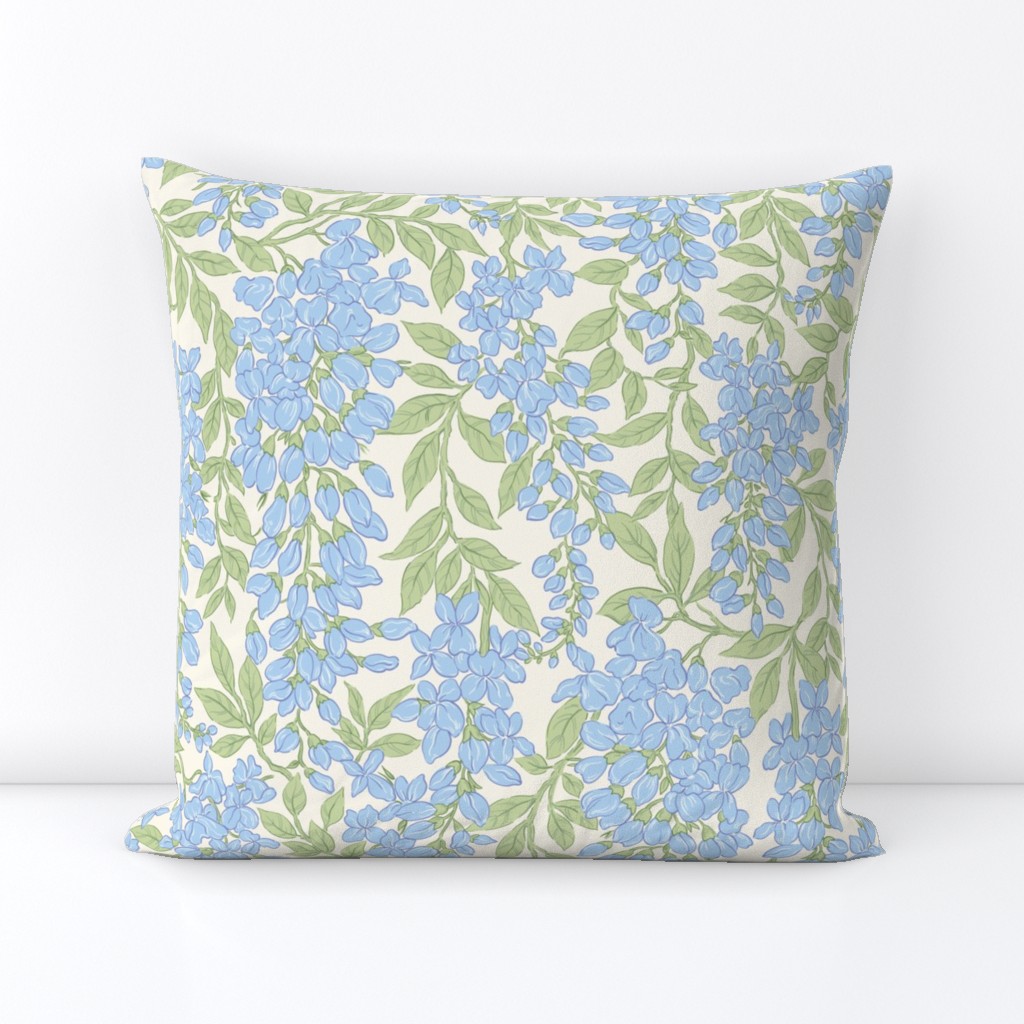 Wisteria Floral Sky Blue Light Green Large Scale