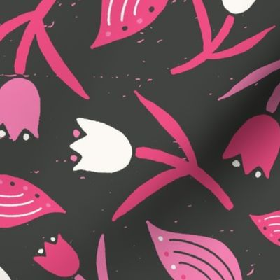 Tulips & Leaves | TL10 | Large Scale | Charcoal Black, Bubblegum Pink, Watermelon Pink, Light Cream