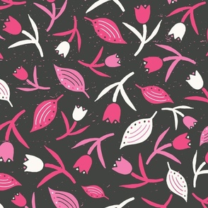 Tulips & Leaves | TL10 | Large Scale | Charcoal Black, Bubblegum Pink, Watermelon Pink, Light Cream