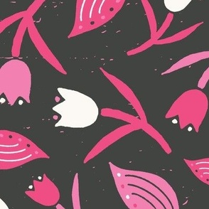 Tulips & Leaves | TL10 | Large Scale | Charcoal Black, Bubblegum Pink, Watermelon Pink, Light Cream