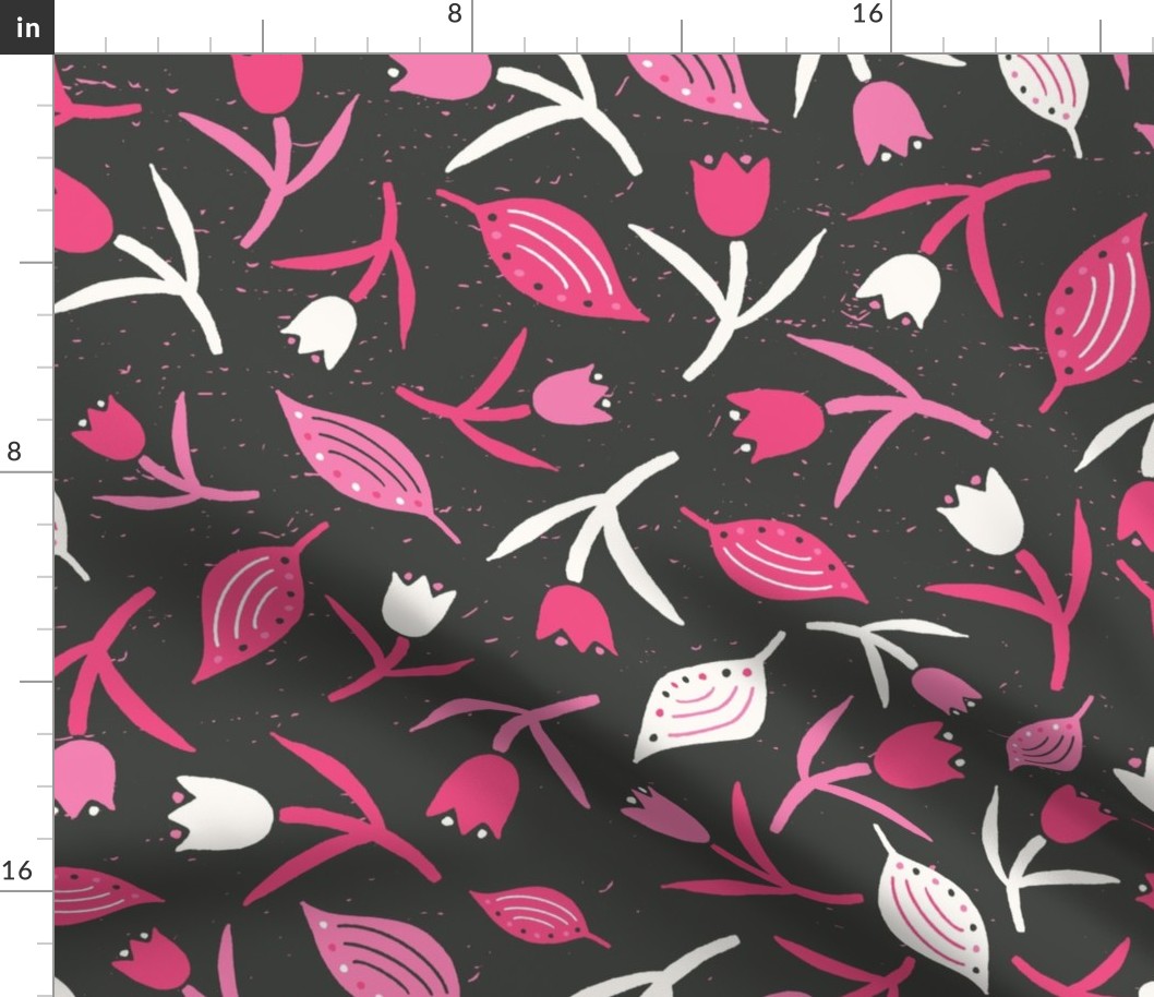 Tulips & Leaves | TL10 | Large Scale | Charcoal Black, Bubblegum Pink, Watermelon Pink, Light Cream