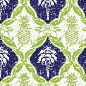 Palmetto and Pineapple Damask Blue and lime Green