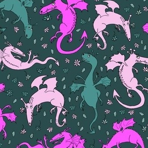 pink dragons on dark green
