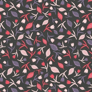 Tulips & Leaves | TL11 | Medium Scale | Charcoal Black, Dusty Lavender, Light Pink, Coral Pink