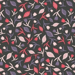 Tulips & Leaves | TL11 | Small Scale | Charcoal Black, Dusty Lavender, Light Pink, Coral Pink