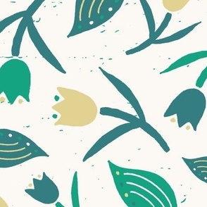 Tulips & Leaves | TL12 | Large Scale | Light Cream, Spring Green, Teal, Pale Dusty Yellow