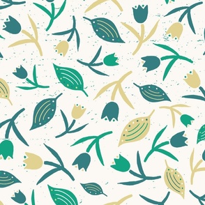 Tulips & Leaves | TL12 | Large Scale | Light Cream, Spring Green, Teal, Pale Dusty Yellow