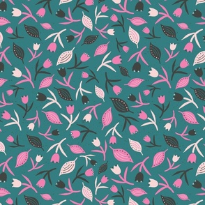 Tulips & Leaves | TL17 | Medium Scale | Teal, Bubblegum Pink, Charcoal Black, Light Pink