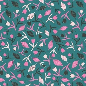 Tulips & Leaves | TL17 | Small Scale | Teal, Bubblegum Pink, Charcoal Black, Light Pink