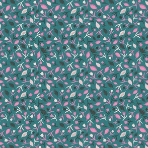 Tulips & Leaves | TL17 | Small Scale | Teal, Bubblegum Pink, Charcoal Black, Light Pink