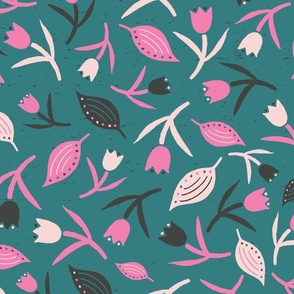 Tulips & Leaves | TL17 | Large Scale | Teal, Bubblegum Pink, Charcoal Black, Light Pink