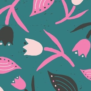 Tulips & Leaves | TL17 | Large Scale | Teal, Bubblegum Pink, Charcoal Black, Light Pink