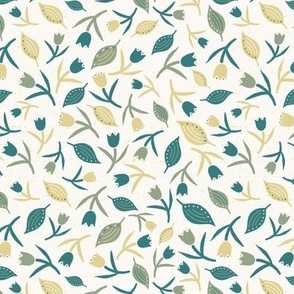Tulips & Leaves | TL9 | Small Scale | Light Cream, Teal, Sage Green, Pale Dusty Yellow