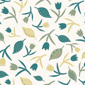 Tulips & Leaves | TL9 | Large Scale | Light Cream, Teal, Sage Green, Pale Dusty Yellow