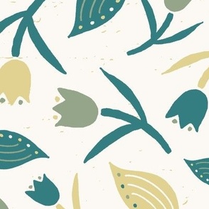 Tulips & Leaves | TL9 | Large Scale | Light Cream, Teal, Sage Green, Pale Dusty Yellow