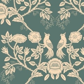 Arts and Crafts Birds in Rose Bush on teal (Damast)