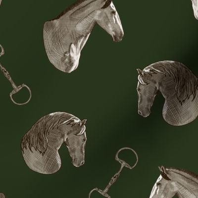 European Horse Profiles and Snaffle Bits on Deep Olive Green by Brittanylane