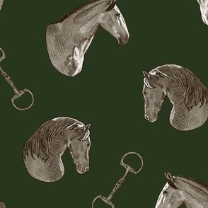 European Horse Profiles and Snaffle Bits on Deep Olive Green by Brittanylane