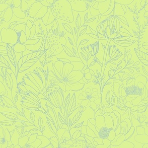 Skyblue Floral Sketch on Lime Green