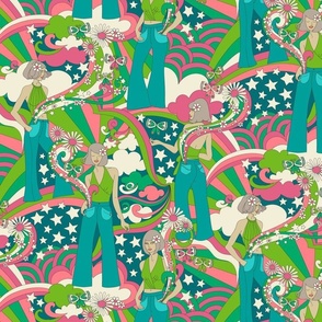 Sandy Starchild's Dream Pockets 70s Psychedelic Fashionistas (Pink Aqua Green) - Medium 