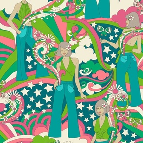 Sandy Starchild's Dream Pockets 70s Psychedelic Fashionistas (Pink Aqua Green) - Large