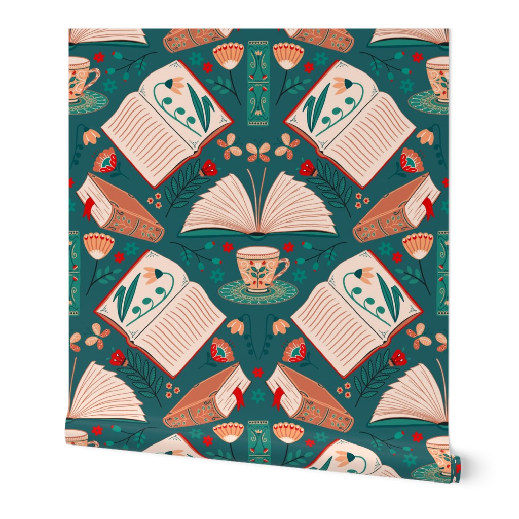 booklove ochre, wheat, teal, red with book and cup - folkart 18inch (wallpaper 24inch)