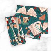 booklove ochre, wheat, teal, red with book and cup - folkart 18inch (wallpaper 24inch)