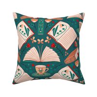 booklove ochre, wheat, teal, red with book and cup - folkart 18inch (wallpaper 24inch)