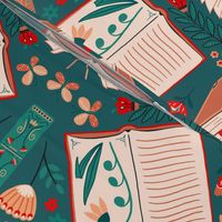 booklove ochre, wheat, teal, red with book and cup - folkart 18inch (wallpaper 24inch)