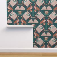 booklove ochre, wheat, teal, red with book and cup - folkart 18inch (wallpaper 24inch)