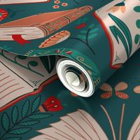 booklove ochre, wheat, teal, red with book and cup - folkart 18inch (wallpaper 24inch)