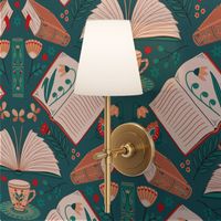 booklove ochre, wheat, teal, red with book and cup - folkart 18inch (wallpaper 24inch)