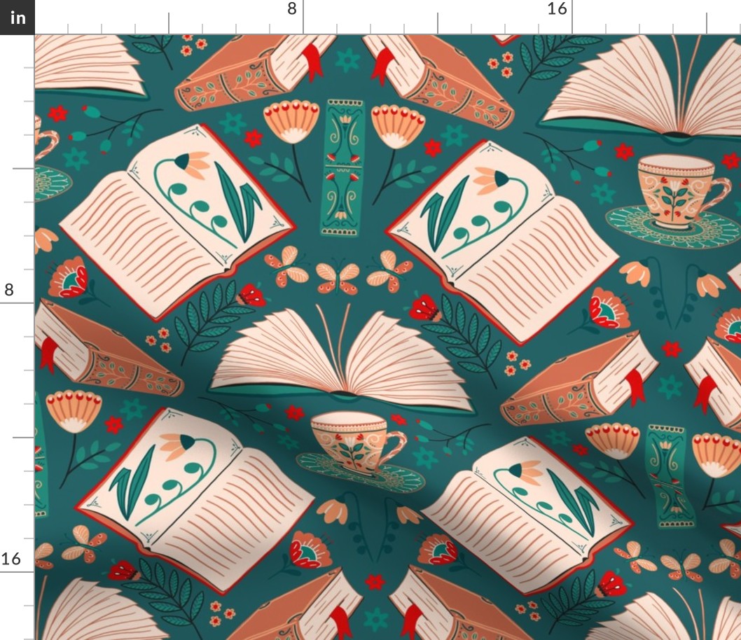 booklove ochre, wheat, teal, red with book and cup - folkart 18inch (wallpaper 24inch)