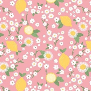 Lemon garden en chamomile blossom and sunflowers summer citrus fruit design yellow mint green on soft pink 