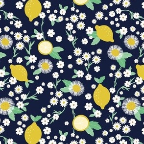 Lemon garden en chamomile blossom and sunflowers summer citrus fruit design mustard green on navy green 